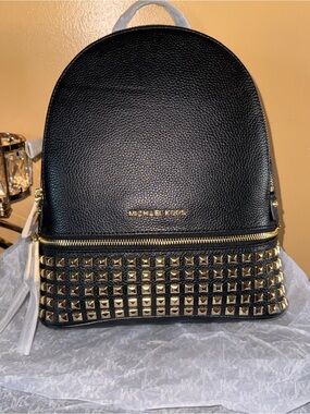 Michael Kors Black Leather Backpack with Gold Stud Accents